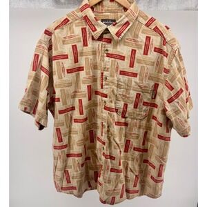 Vintage Woolrich Mens XL Short Sleeve Button Up Shirt Canoe Print Beige Red